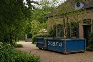 Blauwe lege container op een oprit voor een groot huis